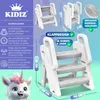 A collage of product images and text showcasing a white and gray foldable step stool for children, with a cartoon unicorn illustration. Produktbild-Vorschau