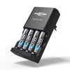 A black battery charger with four AAA batteries inserted, shown on a white background. Produktbild-Vorschau