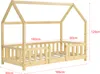 A wooden house-shaped bed frame with dimensions indicated by text overlays. Produktbild-Vorschau