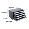 A gray metal organizer cabinet with multiple drawers, each filled with small items, is shown against a white background. Dimensions are indicated with text overlays. Produktbild-Vorschau