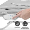 A hand is shown pressing buttons on a baby bouncer's control panel, which is attached to a gray fabric surface. Below the control panel, there are icons indicating music and vibrations. Anteprima dell’immagine prodotto