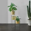 A three-tiered plant stand with brass-colored pots holding green plants, placed on a dark wooden floor against a light gray and white wall. Podgląd zdjęcia produktu
