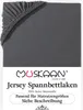A close-up of a dark gray fitted sheet with elasticized corners, placed on a white background with product information below. Produktbild-Vorschau