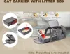 A collage of images showing a cat carrier with a litter box, its features, and a cat interacting with it. Náhled obrázku produktu