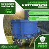 A blue foldable wagon is shown in a split image, with one side depicting a sunny outdoor scene and the other a rainy scene, highlighting its weather resistance. Produktbild-Vorschau