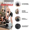 A woman is demonstrating a kettlebell workout while text highlights the product's benefits. Produktbild-Vorschau