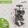 A diagram showing the dimensions and features of a cat tree, with a toy mouse included. Produktbild-Vorschau