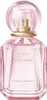 A pink glass perfume bottle with a gold spray nozzle and cap. Voir les images du produit