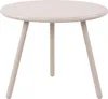 A simple, round, beige outdoor coffee table with three legs, isolated on a white background. Podgląd zdjęcia produktu