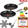 A product image featuring two frying pans, along with promotional badges and an energy efficiency label. Produktbild-Vorschau