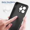 A hand is touching the back of a black phone case, highlighting its matte texture. There are some fluffy white objects in the background. Produktbild-Vorschau