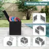 A black rattan-look storage box filled with colorful pool rings is shown next to a swimming pool. The image also includes diagrams illustrating the assembly of the storage box. Voir les images du produit