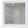 A mirror with a white frame and a shelf below, reflecting a modern shower. Produktbild-Vorschau