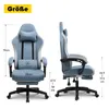 A light blue gaming chair is shown from the front and side with dimensions indicated by lines and numbers. Podgląd zdjęcia produktu