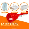 A red plunger is shown in the foreground, with images of a shower, sink, and bathtub in the background, along with text indicating its use for various plumbing fixtures. Produktbild-Vorschau