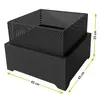A black metal planter box with a perforated outer shell sitting on top of a solid black base. Dimensions are indicated with green lines and text. Náhľad obrázku produktu
