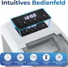 Close-up of an ice maker's control panel and ice bin, with feature icons and text at the bottom. Produktbild-Vorschau
