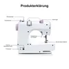 A diagram labeling the parts of a white sewing machine with purple accents. Produktbild-Vorschau