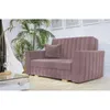 A pink sofa with a single cushion is shown in a room with a large potted plant and a glass coffee table. Náhled obrázku produktu