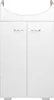 A white bathroom cabinet with two doors and silver handles, standing on small white feet. The top has a curved cutout. Voir les images du produit