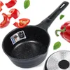 A black saucepan with a speckled finish, surrounded by red bell pepper pieces and green leaves, with a close-up of the pan's base in the lower right corner. Náhled obrázku produktu