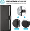A black flip case for a Samsung Galaxy Z Fold 6 is shown, with close-ups highlighting its magnetic closure and strap. Produktbild-Vorschau
