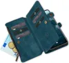 An open wallet case for a smartphone, showing card slots, a zippered compartment with money and coins, and the phone itself. Produktbild-Vorschau