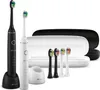 A set of electric toothbrushes and accessories, including two toothbrushes (one black, one white), a charging base, a travel case, and four replacement brush heads. Anteprima dell’immagine prodotto
