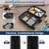 A suitcase is shown open, displaying its interior compartments and features, with smaller inset images illustrating specific functions. Below, two suitcases are shown side-by-side, demonstrating an expansion feature. Anteprima dell’immagine prodotto