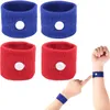 Four wristbands, two blue and two red, are displayed. A hand is shown wearing a blue wristband and pointing to another blue wristband on the arm. Produktbild-Vorschau