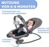A baby is sitting in a gray baby bouncer with toys hanging from a bar above it. Text overlays describe features of the bouncer. Produktbild-Vorschau