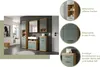 A bathroom vanity set with multiple cabinets and a mirror, shown in a room setting and with close-up feature highlights. Produktbild-Vorschau