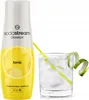 A bottle of SodaStream Tonic syrup next to a glass of tonic water with ice and a lime garnish. Produktbild-Vorschau