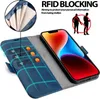 A blue flip case wallet for an iPhone 14, showing its card slots and RFID blocking feature, with a phone inside. Produktbild-Vorschau