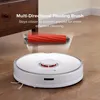 A white robot vacuum cleaner is shown on a wooden floor, with an illustration of its brush in the air above it. Text describes the brush feature. Produktbild-Vorschau
