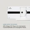 A close-up view of a white CD player with a CD inserted, set against a light gray and white background. Text overlays describe the product's features. Produktbild-Vorschau