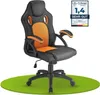 A black and orange gaming chair is shown on a green circular mat against a white background. Produktbild-Vorschau