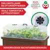 A raised garden bed with a clear lid filled with various green plants, showcasing its features with text overlays and icons. Produktbild-Vorschau