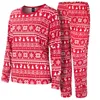 A pair of red and white Christmas-themed pajamas laid out flat. Produktbild-Vorschau