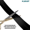 A close-up shot of black trim being cut with gold scissors, with a logo and text overlay. Produktbild-Vorschau