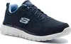 A single navy blue Skechers sneaker is shown from a side angle against a white background. Voir les images du produit