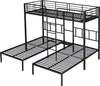 A black metal bunk bed frame with three beds and a ladder, shown from a diagonal angle against a white background. Voir les images du produit