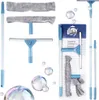 A cleaning set for windows, including a telescopic handle, squeegee, and microfiber cloths, displayed against a white background with soap bubbles. Podgląd zdjęcia produktu