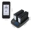 A black restaurant pager system with a charging base and multiple pagers, displayed on a white background with dimensions indicated. Voir les images du produit