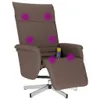 A brown massage chair with a footrest is shown against a white background. Purple circles highlight massage points. Produktbild-Vorschau