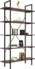 A tall, multi-shelf bookcase with a dark wood grain finish and black metal frame, displayed against a white background. Náhled obrázku produktu