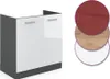 A kitchen cabinet base unit with two doors and sample material swatches. Produktbild-Vorschau