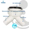 A white plastic Y-shaped pipe fitting with labels and measurements. Produktbild-Vorschau