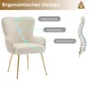 A beige armchair with gold legs, illustrating its ergonomic design with labels pointing to neck, back, and lumbar support areas. A diagram of a human spine is shown to the right. Produktbild-Vorschau