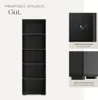 A black bookshelf is shown with close-up details of its features. Náhled obrázku produktu